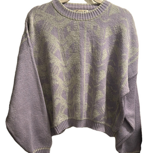 Purple and Grey Crew Neck Sweater with Abstract Pattern